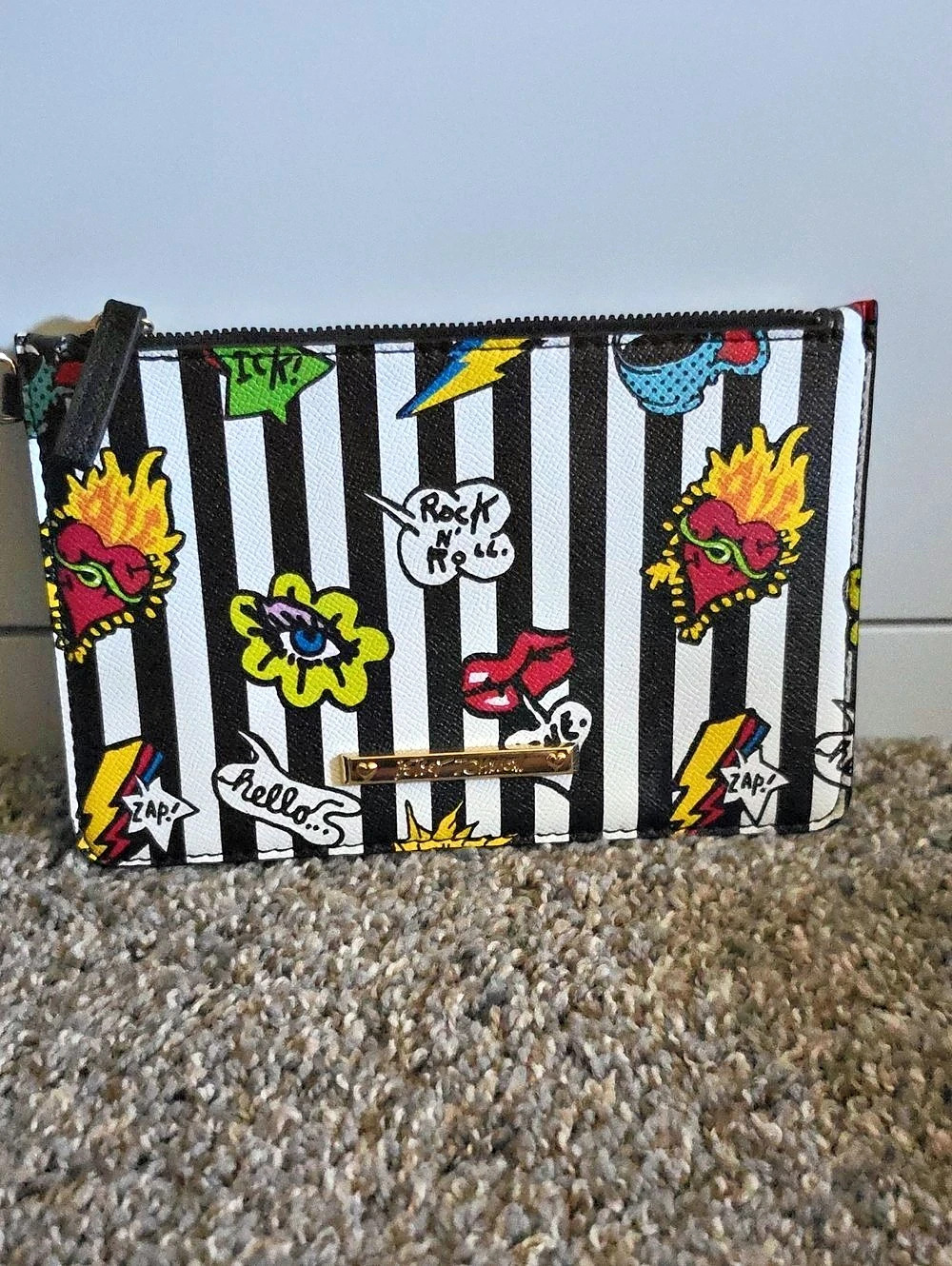Betsey Johnson Striped Graphic Clutch in Black & White